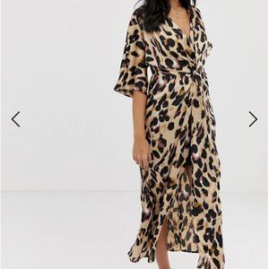 Leopard print satin kimono midi